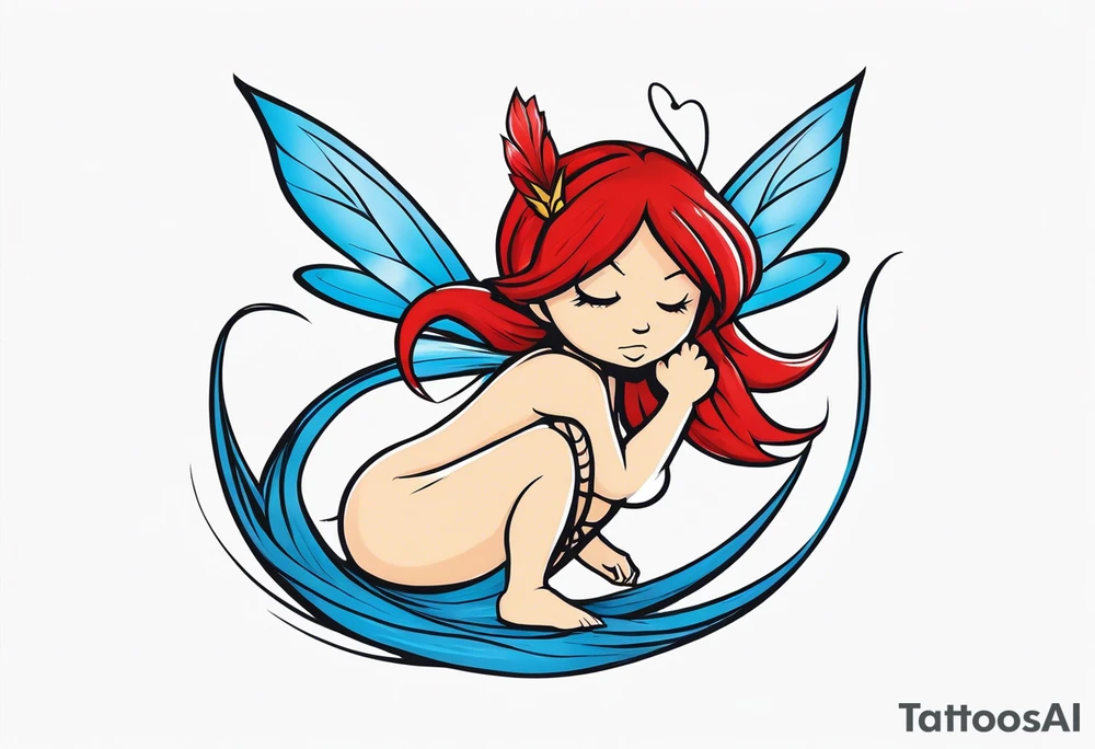 A fairy with a tail inspired by the logo of the show called Fairy Tail in a fetal position leaning in tattoo idea