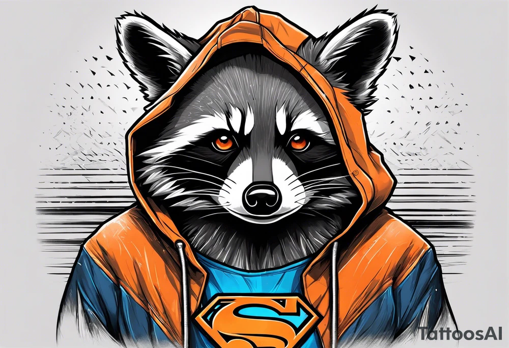 Raccoon wearing an orange Superman hoodie tattoo idea
