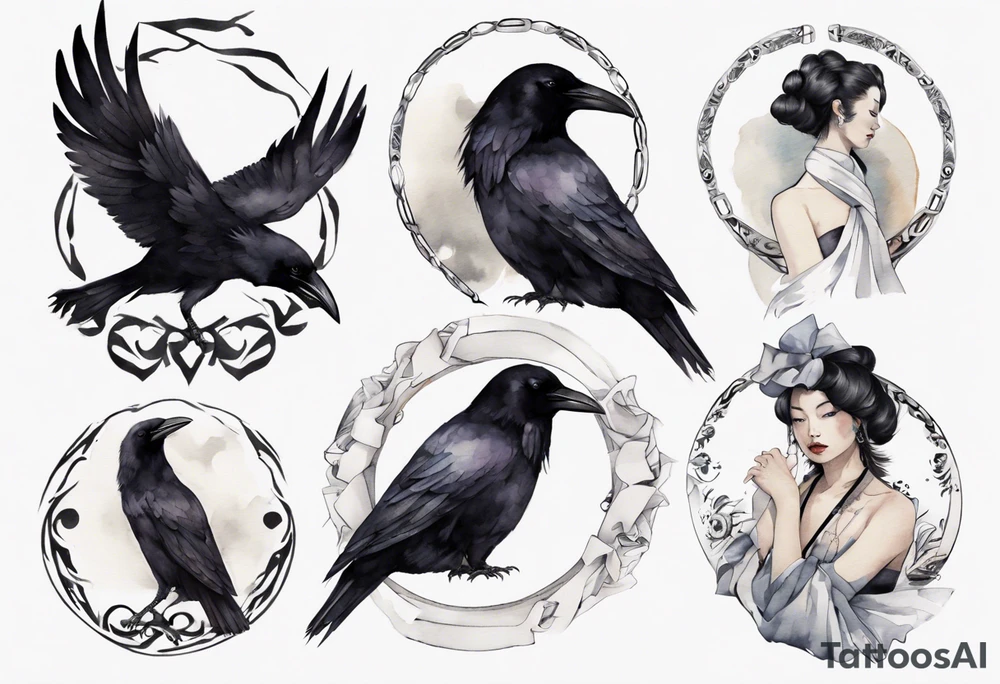 raven wearing a white ribbon bracelet tattoo idea