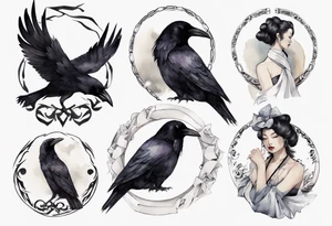 raven wearing a white ribbon bracelet tattoo idea