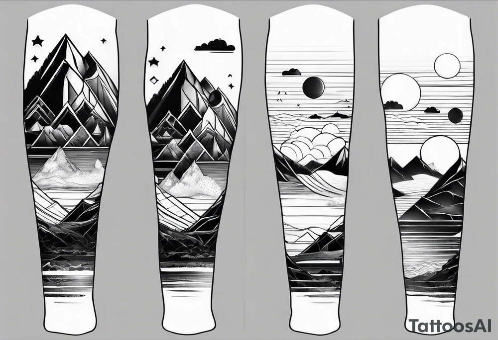 Mountain ocean geometric male full leg sleeve tattoo idea