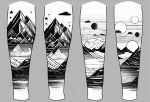 Mountain ocean geometric male full leg sleeve tattoo idea