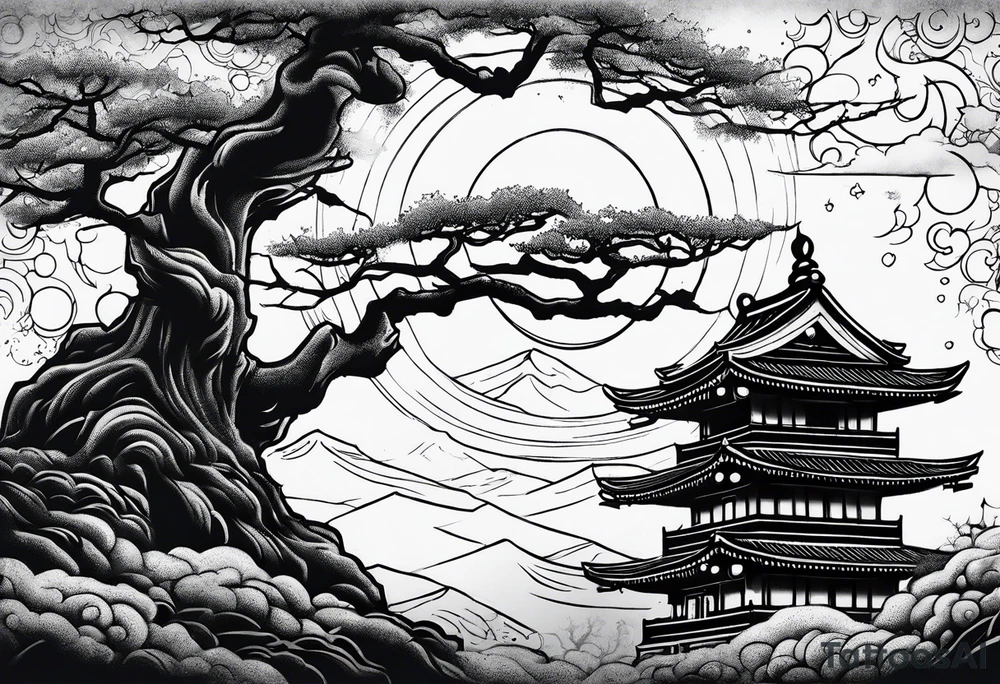 Crow moon tree temple ruins tattoo idea
