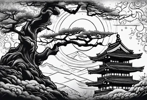 Crow moon tree temple ruins tattoo idea