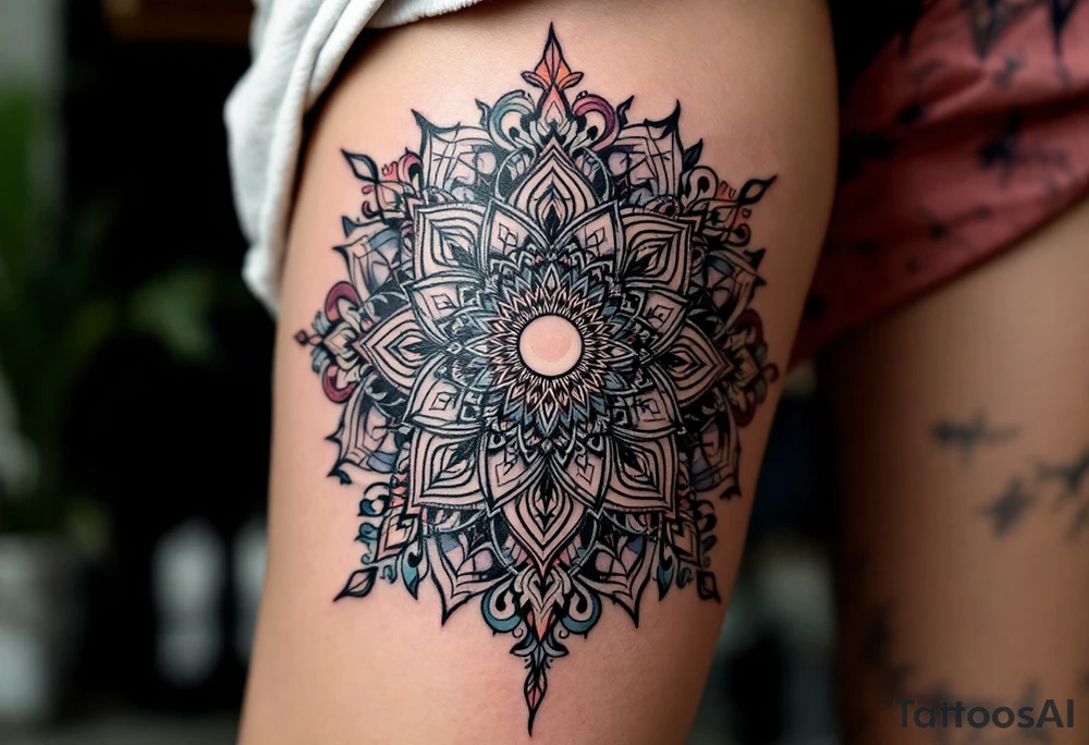 "Mandala of the Goddess" – A complex mandala with soft curves and intricate patterns, symbolizing unity and balance. Within the center, a crescent moon or sun motif, representing femininity and cycles of life. tattoo idea