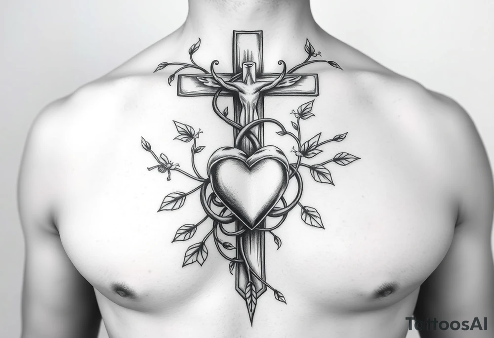 powerful majestic cross on the front of the body center to the chest with vines closely wrapped around the cross representing life and a heart within the cross being held like a chain from the cross and other symbols of life like insects and birds butterflies tattoo idea