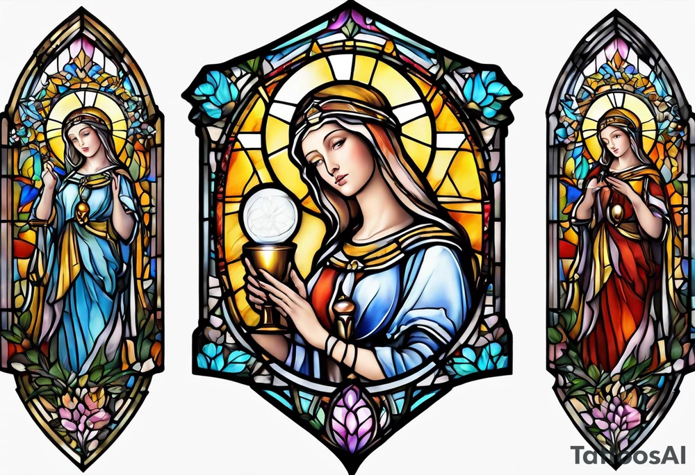 holy saint woman with halo stained glass holding a chalice tattoo idea