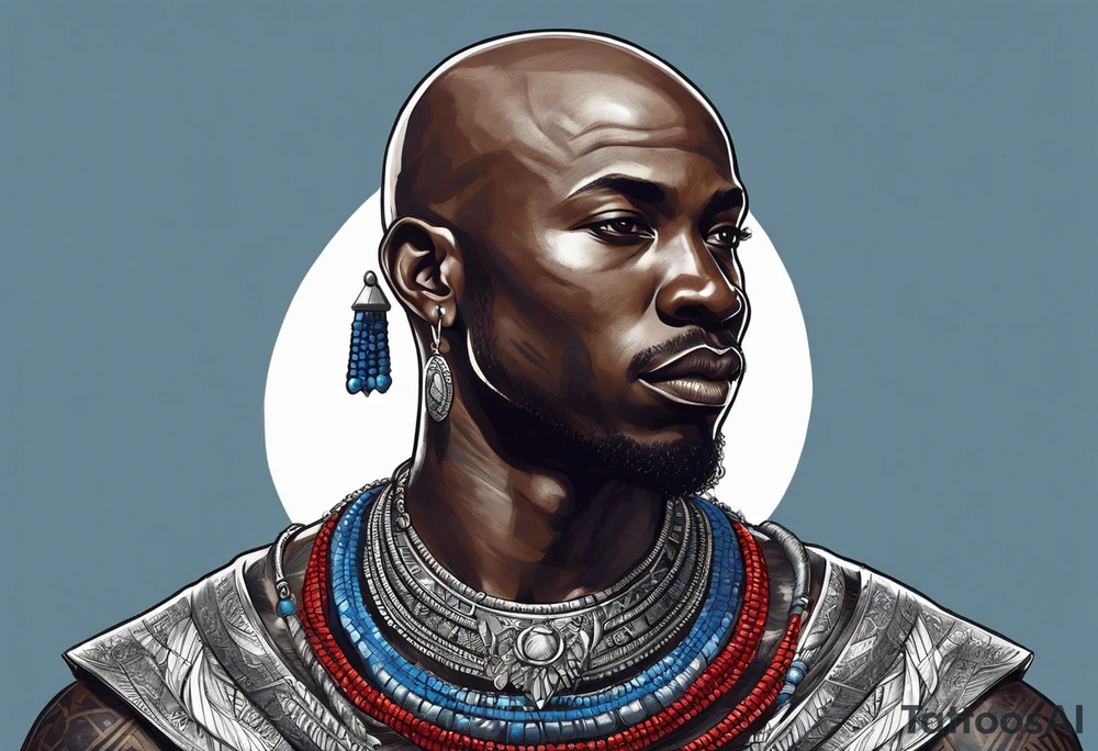 Black-skinned bald african warrior. He wears  a small silver crown. He wears two simple necklaces: one blue, other red. tattoo idea
