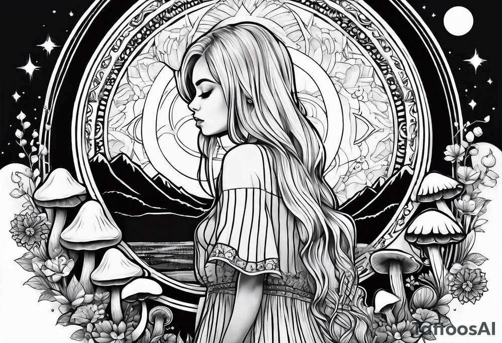 Straight blonde hair girl facing away toward mountains surrounded by mushrooms crescent moon mandala circular design black and white striped dress tattoo idea