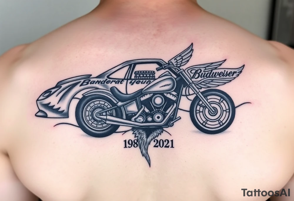 Dale Earnhardt car on it with the year 1958 - 2021 intertwined with a motorcycle with a Budweiser logo on it with a guardian angel wolf tattoo idea
