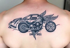 Dale Earnhardt car on it with the year 1958 - 2021 intertwined with a motorcycle with a Budweiser logo on it with a guardian angel wolf tattoo idea