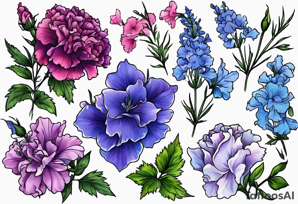 Larkspur flowers and carnation flowers in all color. Colors blue, purple, green, and light blue tattoo idea