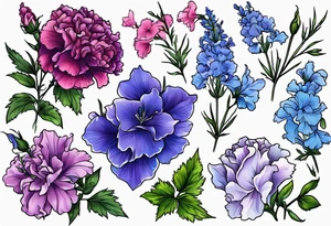 Larkspur flowers and carnation flowers in all color. Colors blue, purple, green, and light blue tattoo idea