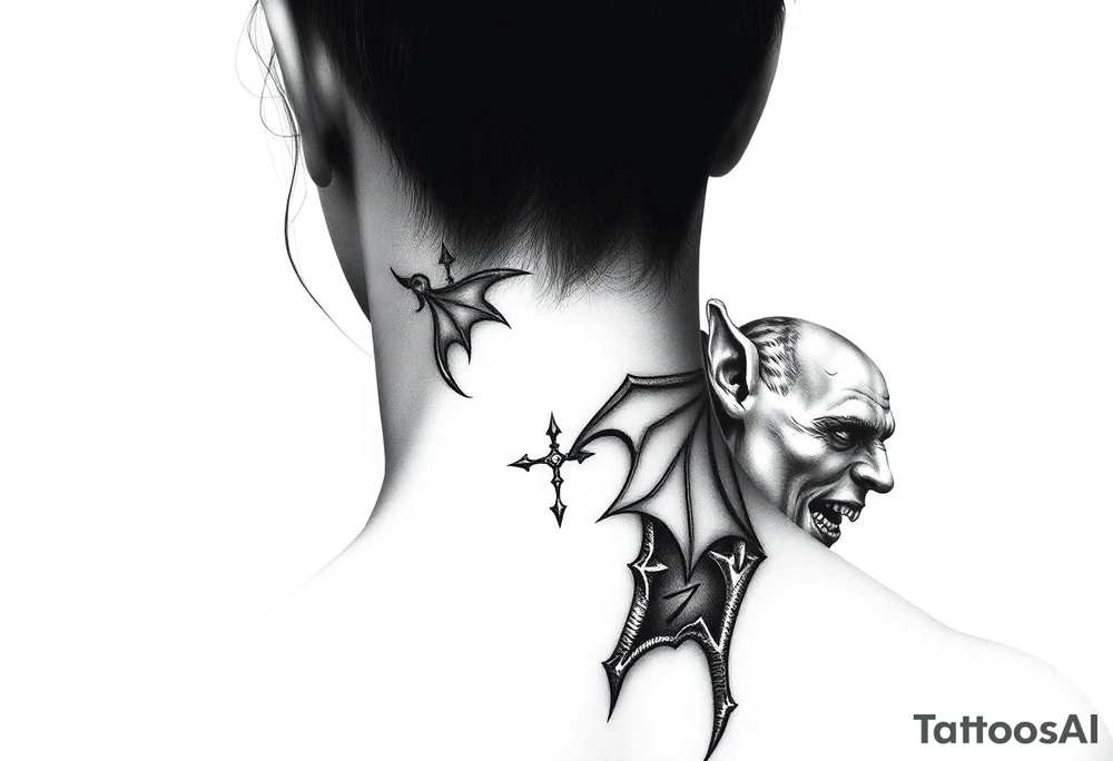position behind the neck Angel (on the right) whispering in the right ear, demon (on the left) whispering in the left ear. It must be as realistic as possible. tattoo idea