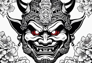 Oni mask with a cherry blossom background tattoo idea