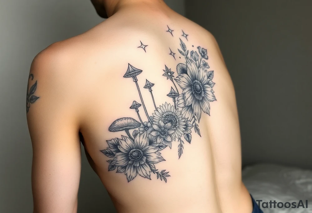 Could you possible make me a cool nature tattoo with mushrooms crystals  flowers mandala boho but colorful and psychedelic colorful too that would wrap from front of hip around side to mid back to cover an existing one I have incorporating the stars I have already and only covering some going with shape of curves of female body wrapping from front of hip around side to back tattoo idea