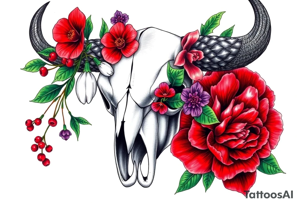 Buffalo or bison skull with flowers. Snow drop and red peony. Green holly with red berries, purple larkspur, red peony.  Colour. For upper arm or shoulder. Masculin. tattoo idea