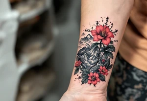 wrap around entire wrist red  and black rhododendron trippy with Himalayas behind tattoo idea