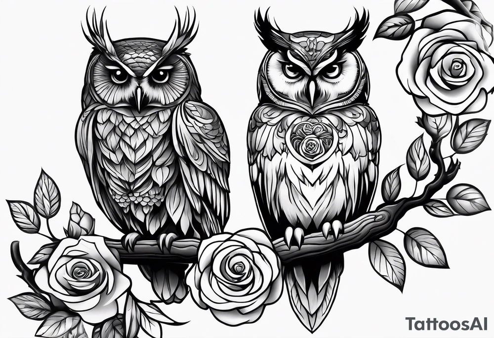 An owl, a rose, a paw print tattoo idea