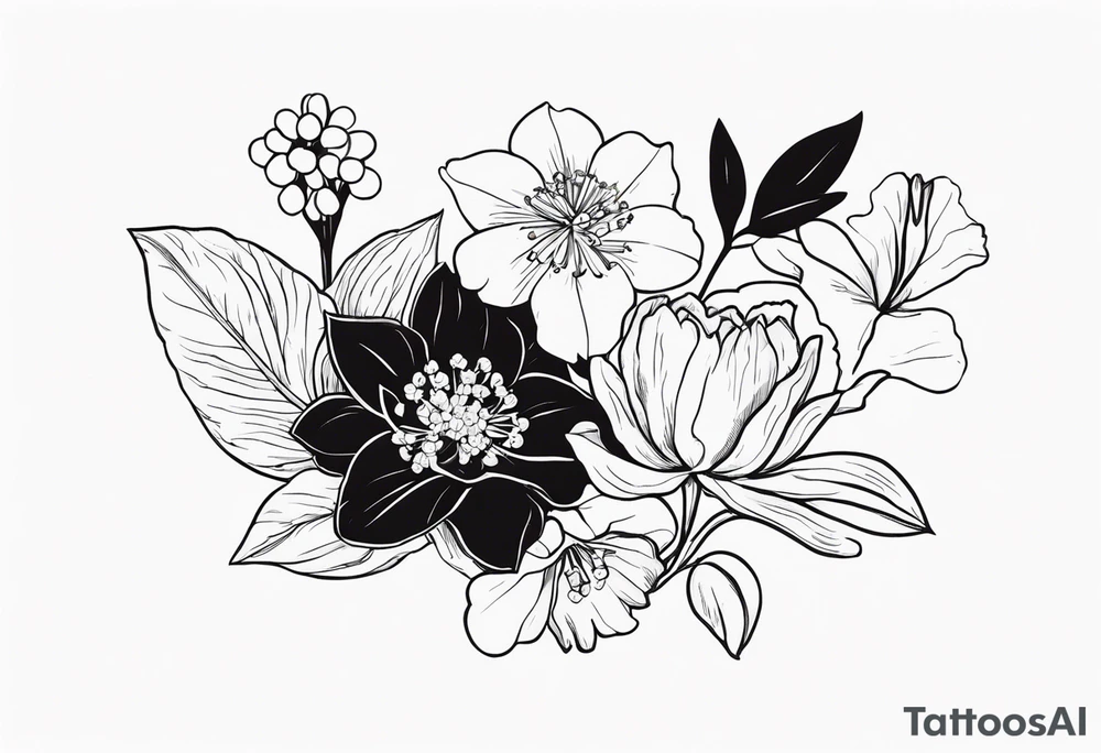 Small lime work flower bouquet with 1 daffodil, lily of the valley, 1 poppy, 1 peony, 1 chrysanthemum, and some leaves. Put a butterfly above the daffodil tattoo idea