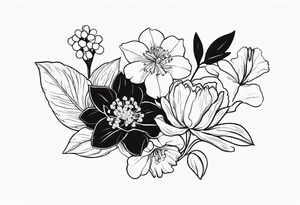 Small lime work flower bouquet with 1 daffodil, lily of the valley, 1 poppy, 1 peony, 1 chrysanthemum, and some leaves. Put a butterfly above the daffodil tattoo idea