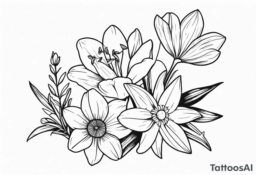 bouquet of flowers containing one lily, one daisy, one daffodil, and one narcissus. fine line with the stems in a bouquet tied by a bow. small bouquet. very dainty style. tattoo idea