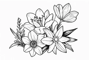 bouquet of flowers containing one lily, one daisy, one daffodil, and one narcissus. fine line with the stems in a bouquet tied by a bow. small bouquet. very dainty style. tattoo idea