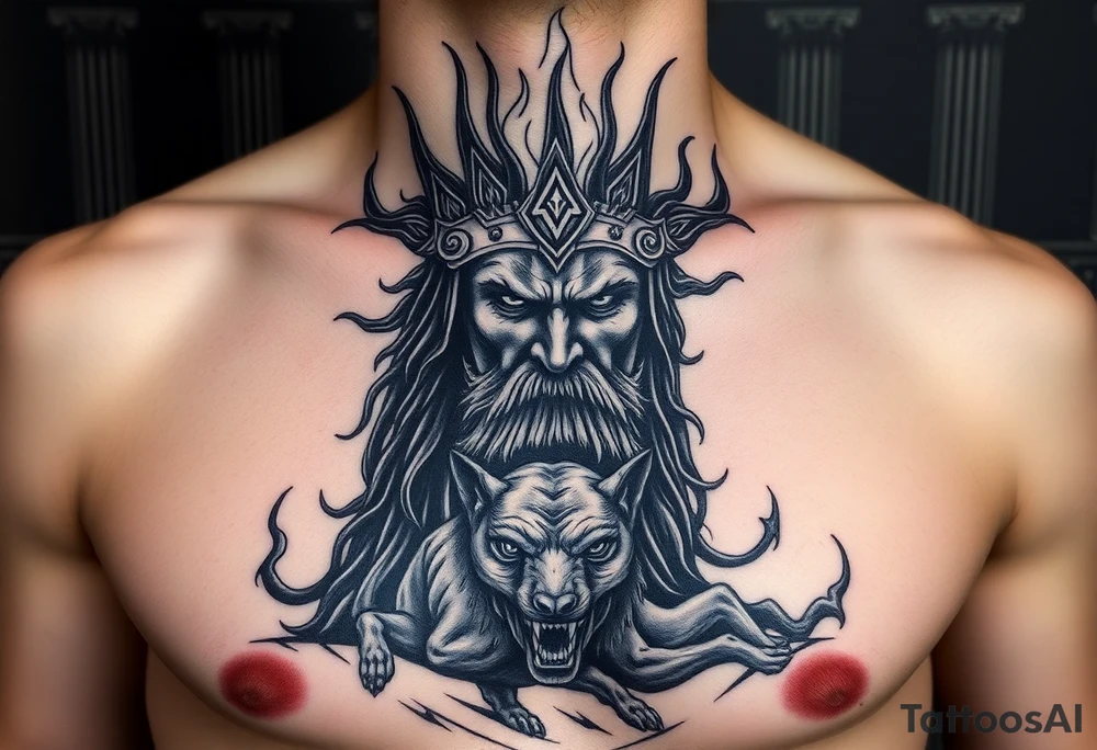 1. Hades y el Inframundo (versión oscura y elegante)
Rostro de Hades con corona de espinas de fuego negro.

A sus pies, Cerbero, el perro de tres cabezas, emergiendo entre sombras o llamas oscuras.

Fondo con columnas rotas, cráneos o el río Estigia como corriente negra que atraviesa el pectoral tattoo idea