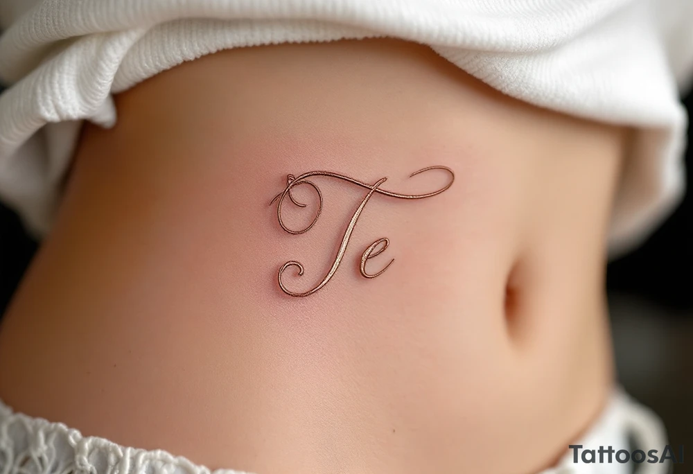 A delicate cursive "T" in rose gold ink with fine ornamental swirls. tattoo idea