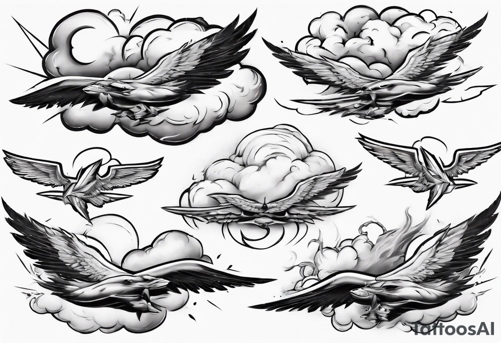 jet fly through big clouds and thunder tattoo idea