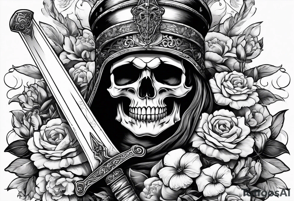 Skull with a sword stabbing through chin all the way to the top of head with flowers around the sword tattoo idea
