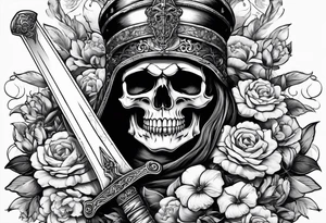 Skull with a sword stabbing through chin all the way to the top of head with flowers around the sword tattoo idea