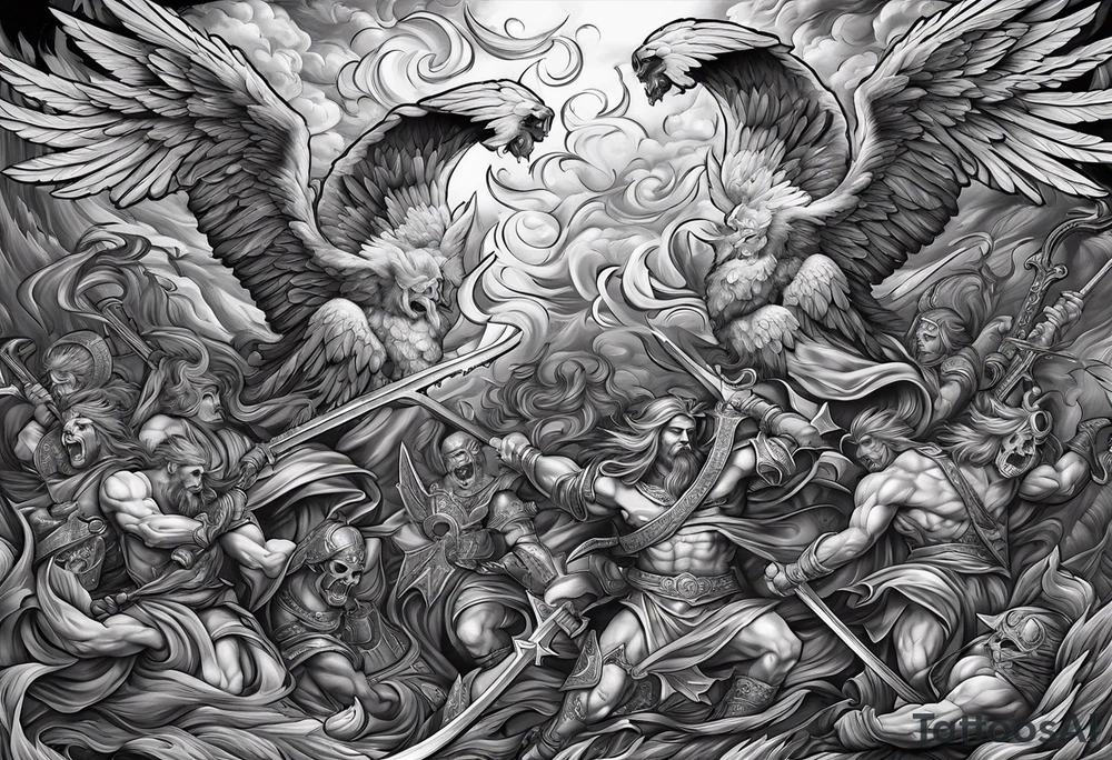 Angels fighting demons over fire with skuls in the background tattoo idea