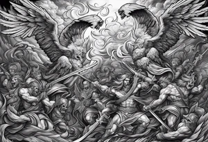 Angels fighting demons over fire with skuls in the background tattoo idea