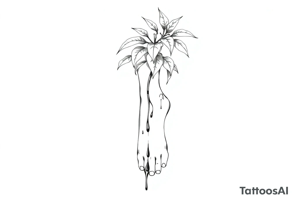 plant with long leaves, dripping like ink, growing from left foot to the cleavage tattoo idea