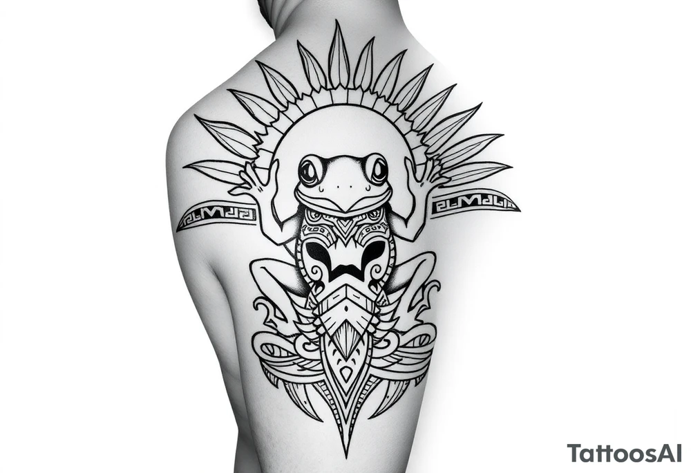 [ Elbow Cap ]
↑   Sun with tribal rays wrapping around
↑   Shark tooth band & wave divider
↑   Central panel: Coquí frog in tribal style
↑   Spiral swirl (Taíno) near vein-side
↑   Marquesan-style fish scale panel
↑   Zemi spirit mask or face
↑   Spearhead band near wrist
[ Wrist ] tattoo idea