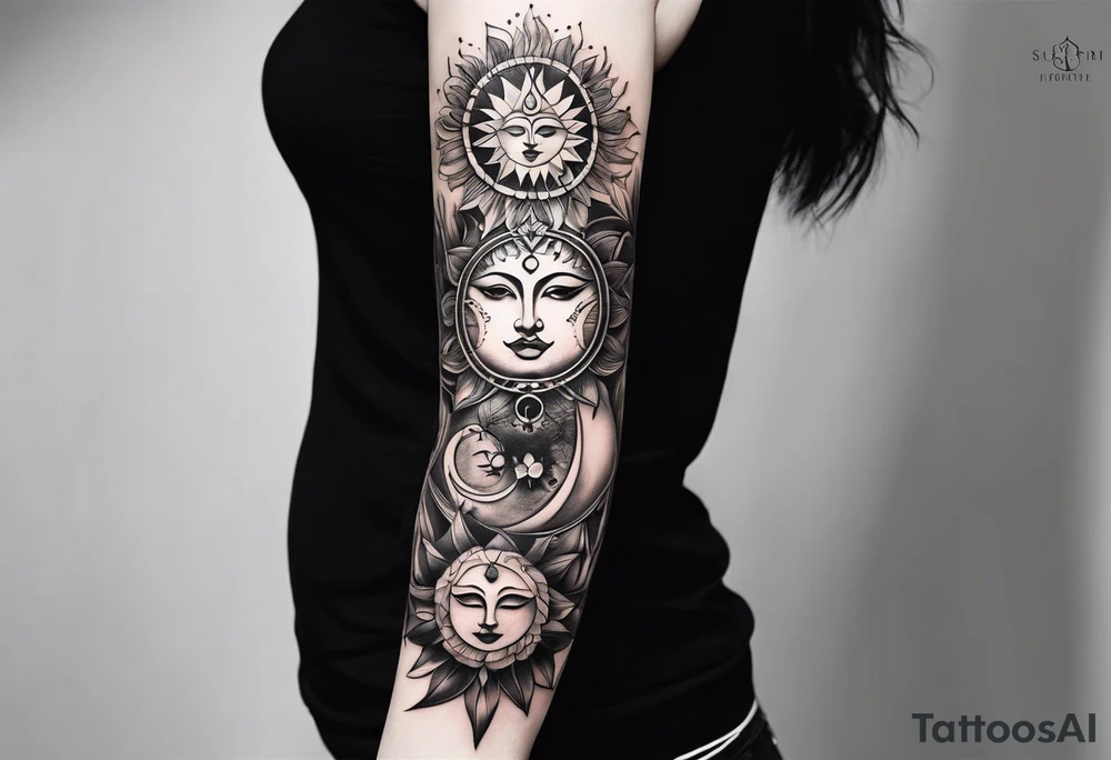 Full sleeve tattoo with large outlines that has the sun and moon intertwined with the 7 chakra symbols that perfectly embodies the divine feminine tattoo idea
