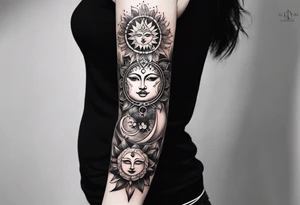 Full sleeve tattoo with large outlines that has the sun and moon intertwined with the 7 chakra symbols that perfectly embodies the divine feminine tattoo idea