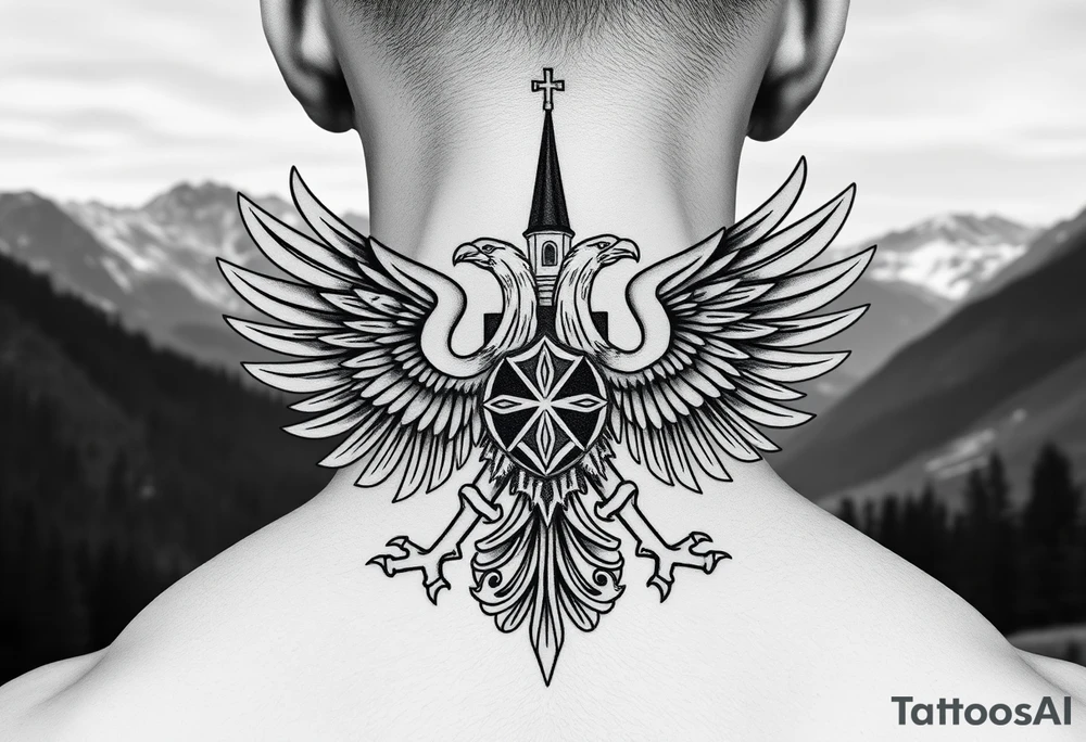 i am looking at getting a russian / serbian style double headed eagle like the coat of arms spread out on my back neck across my shoulders / traps in a orthodox christian church style setting with a sun beaming and in a mountainous setting, such as a Sovereign of the Mountain and an orthodox church in the background with the russian orthodox spire of the orthodox church being visible on my neck tattoo idea