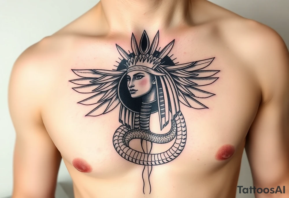 Ra en eclipse
Cabeza de halcón de Ra (dios del sol) con el disco solar eclipsado por una luna negra o una serpiente.

Sus alas extendidas como pechera que cruza el torso. tattoo idea