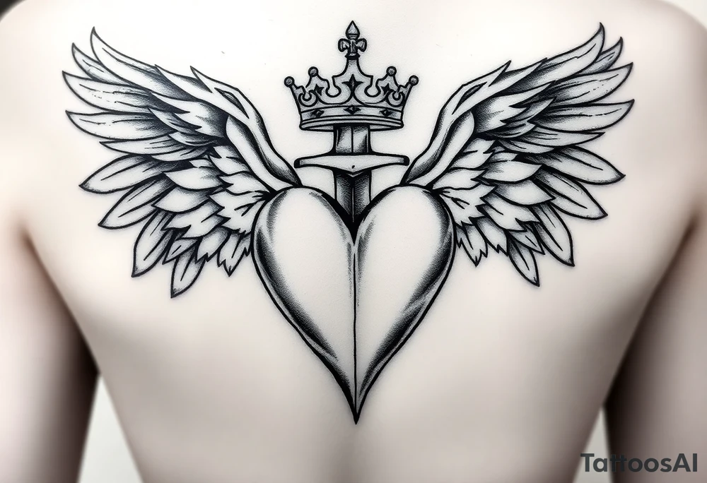 Sensual femenine, powerful 3d heart with the sword hilt on top an a crown on a top side, with two angel gothic wings spread. The wings must be separated, a apart from the heart. It will be located on the lower back. tattoo idea