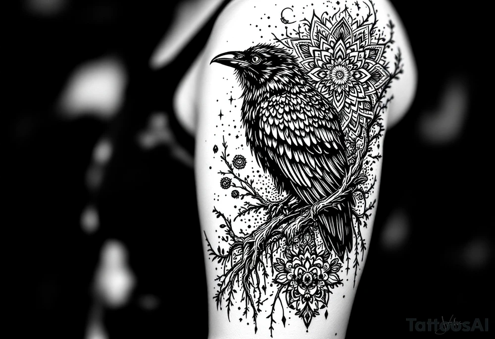 left arm tattoo of a raven on a branch surrounded by mandala tattoo idea