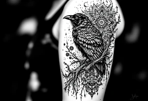 left arm tattoo of a raven on a branch surrounded by mandala tattoo idea