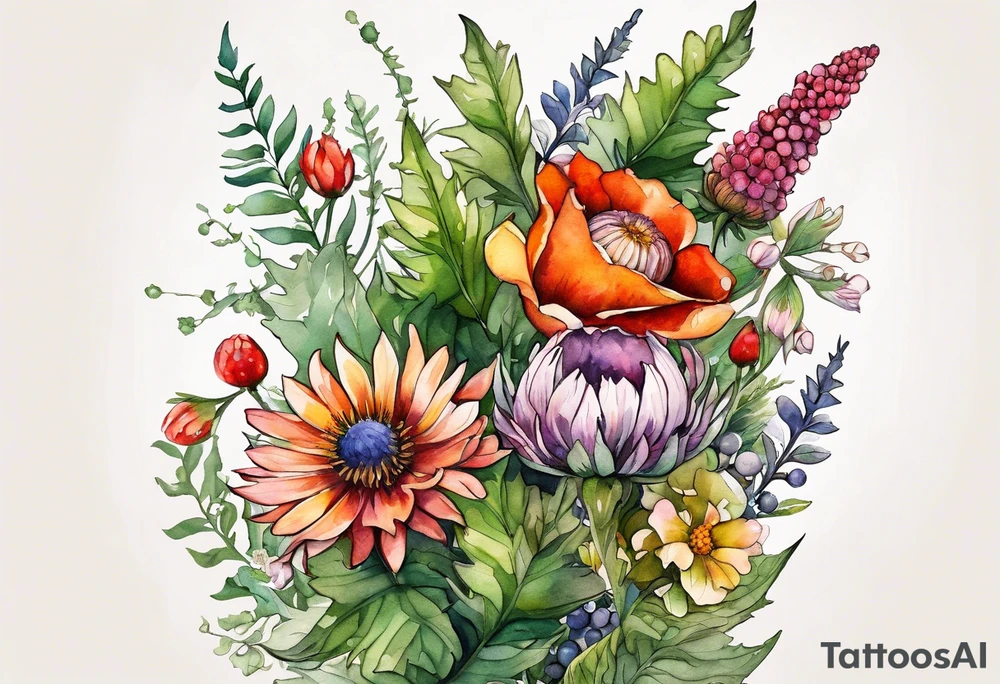 wildflowers with thistles, ferns, white flowers, cream flowers, sun flowers, orange flowers, green flowers, pink flowers, red flowers, berries and all in watercolor tattoo idea