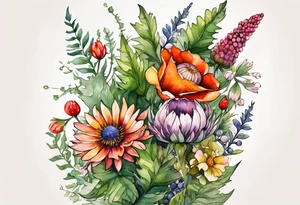 wildflowers with thistles, ferns, white flowers, cream flowers, sun flowers, orange flowers, green flowers, pink flowers, red flowers, berries and all in watercolor tattoo idea