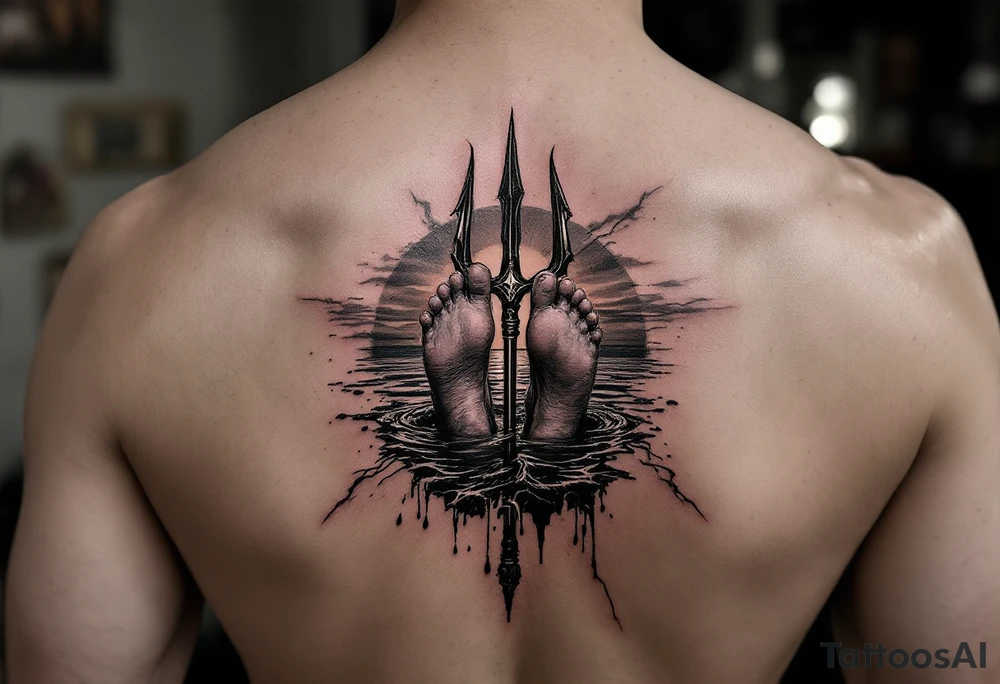 barefeet behind trident with water and sunset tattoo idea