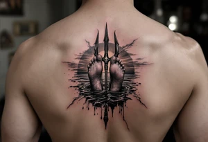 barefeet behind trident with water and sunset tattoo idea