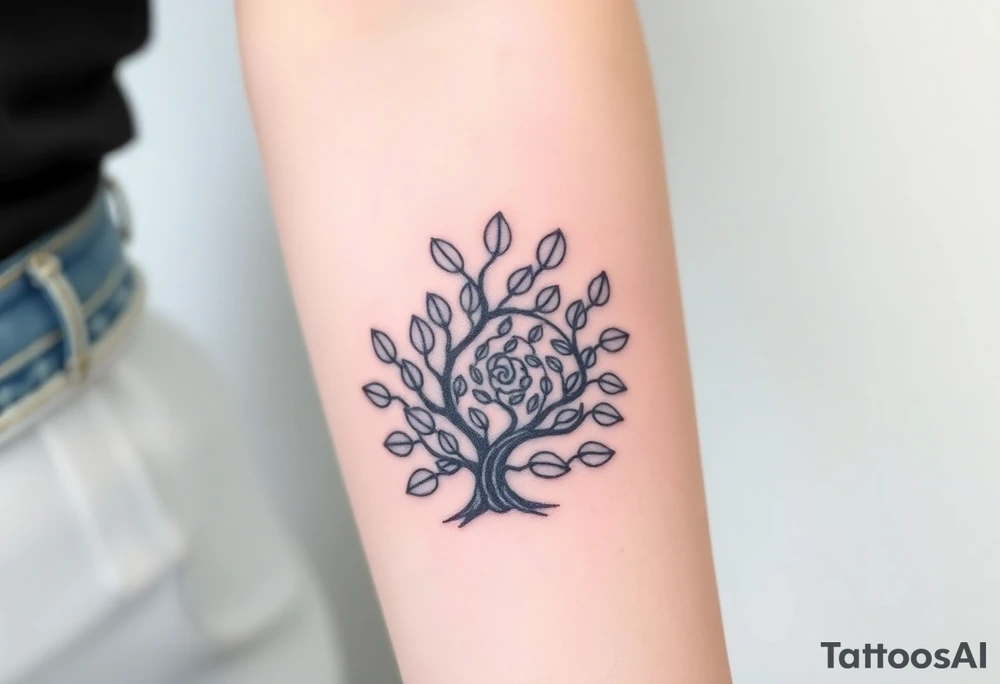 Fibonacci spiral shell inside of tree full of lots of leaves tattoo idea