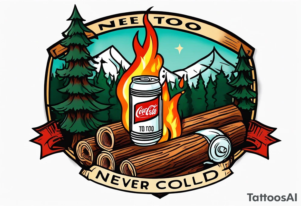 American traditional tattoo of campfire in the woods with a coke can and whiskey. A banner saying “Never too cold” tattoo idea