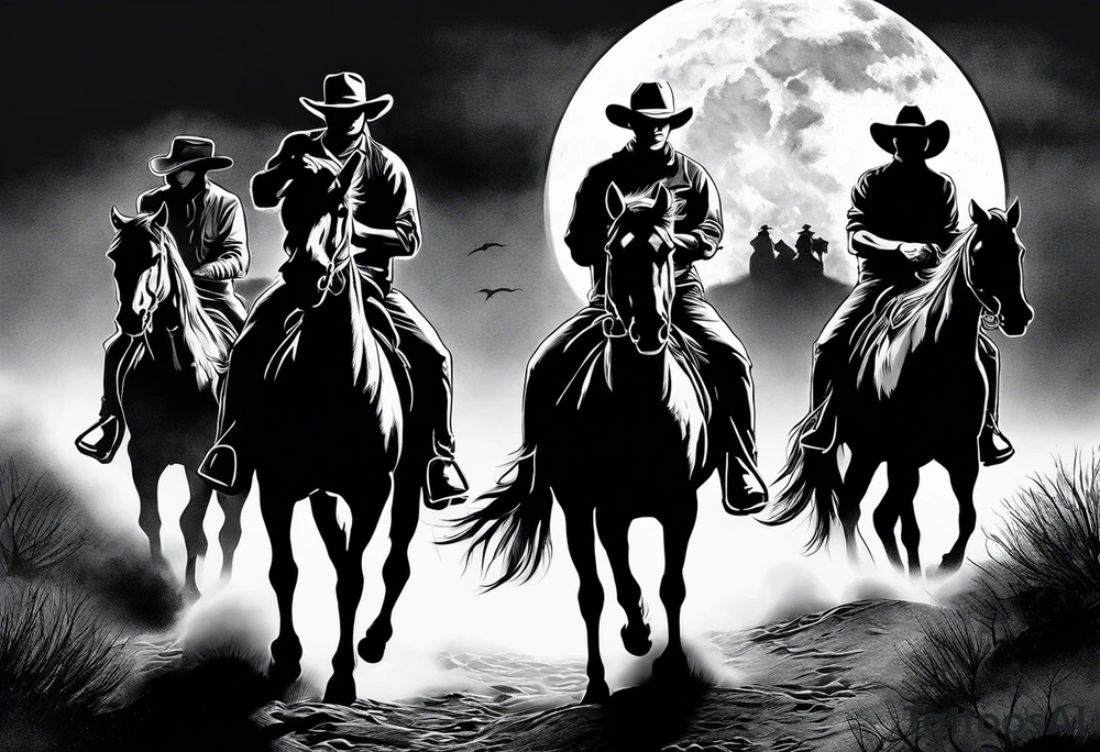 Four cowboys on horses in the moonlight on a dusty trail tattoo idea